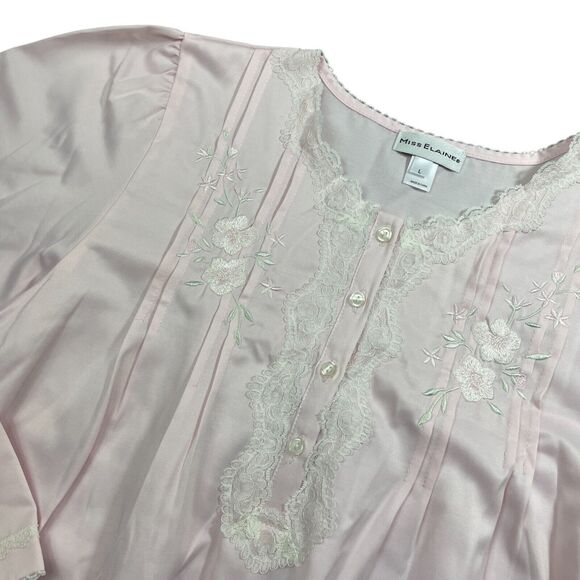 Miss Elaine Large New w/ Tags Pink Night Gown 1/4 Button Embroidered - Picture 2 of 6